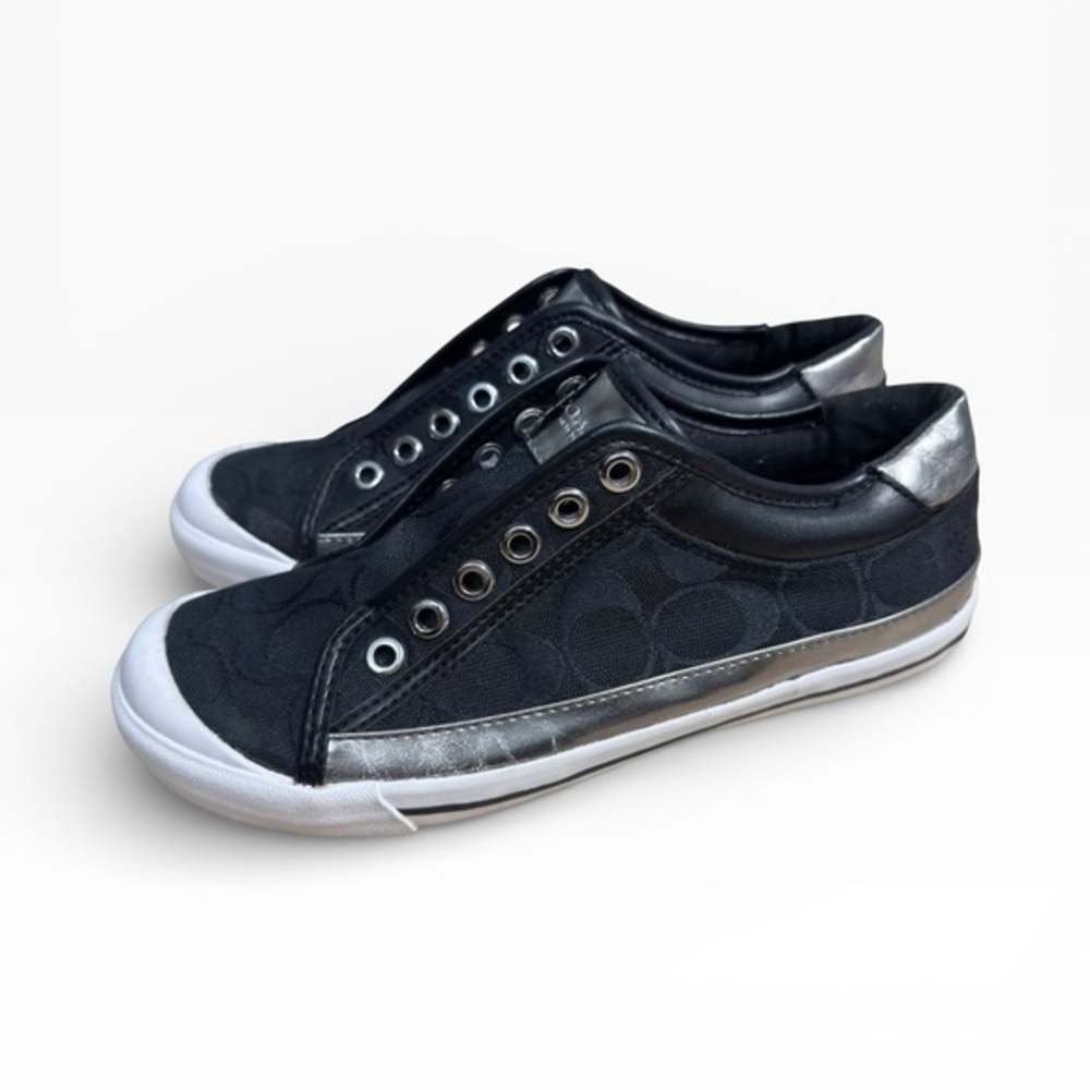 Coach Felix Signature Canvas Slip-On Sneakers Black Silver Womens Size US
